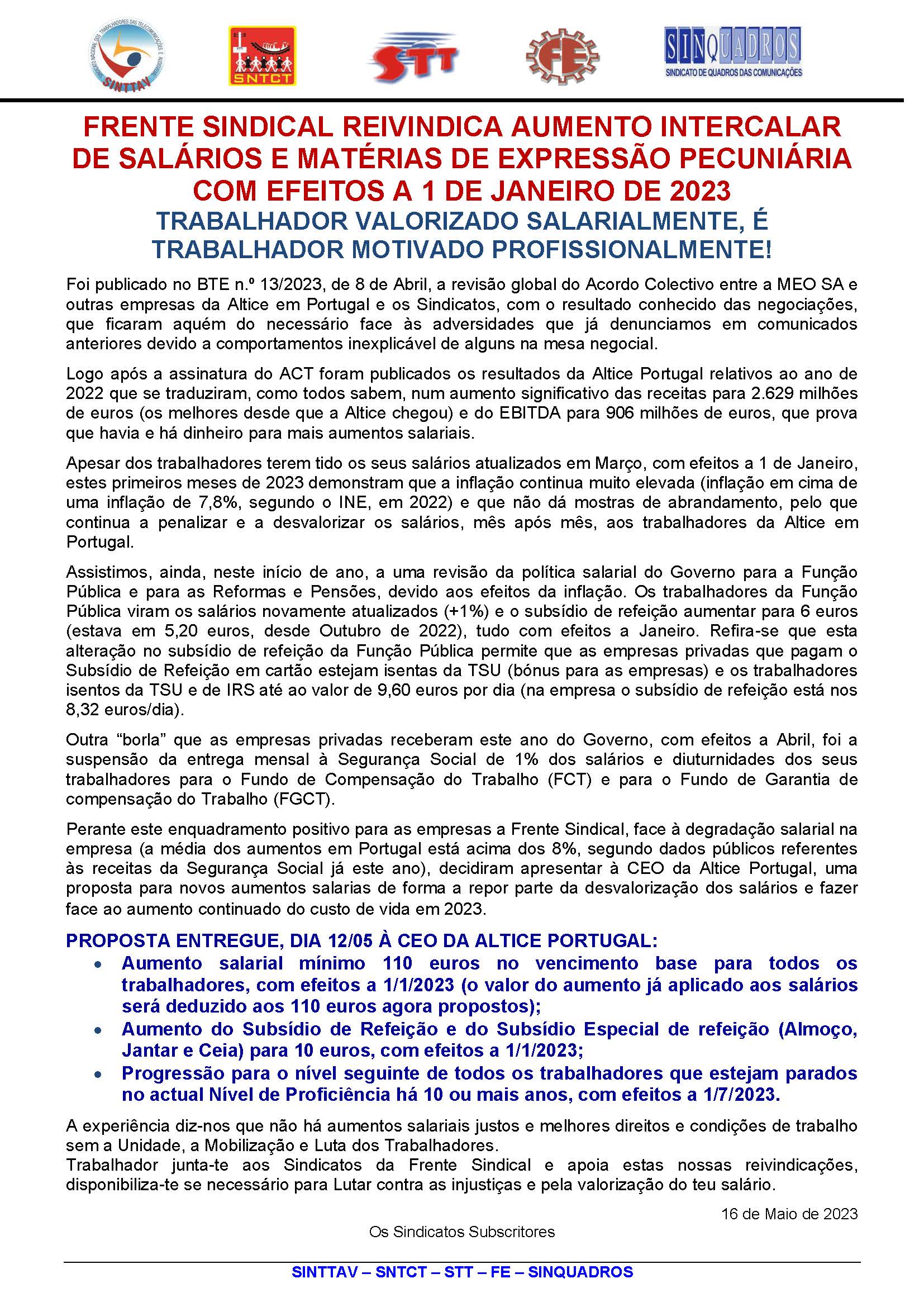 Comunicado Frente Sindical 2023 05 16 Aumentos Salariais na ALTICE